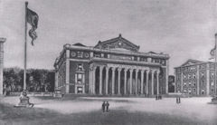Sketch of University Hall's main entrance as would have been seen looking north
