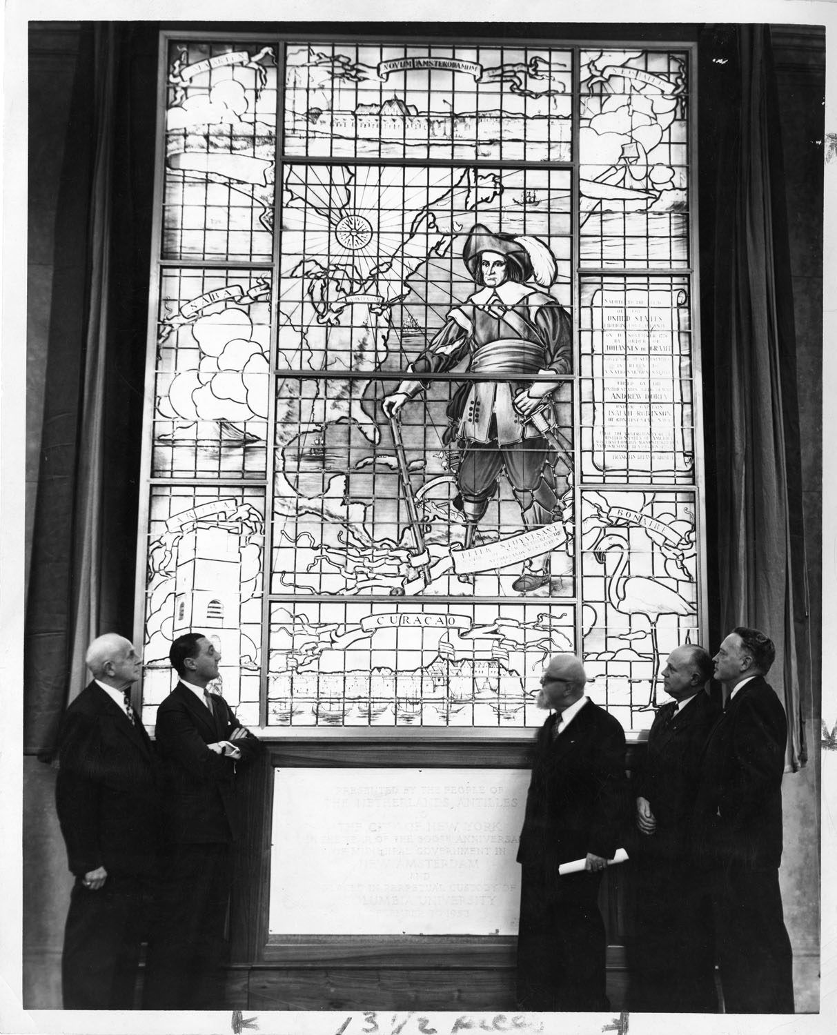 Unveiling of the "imperialist" stained glass window featuring Peter Stuyvesant in 1954